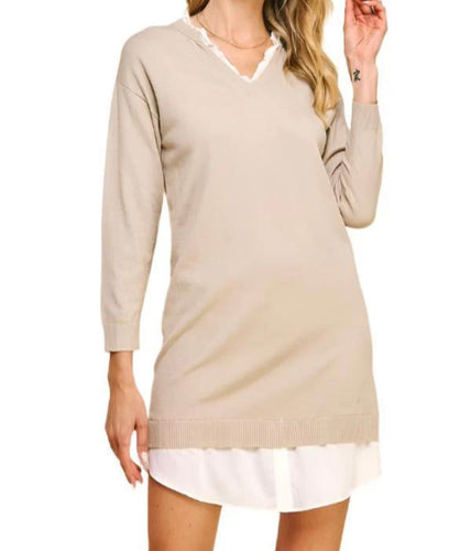 Beige Knit Woven Combo Dress