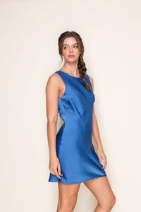 Deep Blue Satin Draped Back Mini Dress