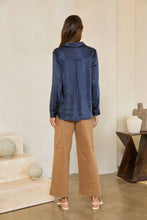 Load image into Gallery viewer, Navy Satin V-Neck LS Blouse