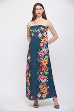 Load image into Gallery viewer, Navy Floral Border Strapless Maxi Dress