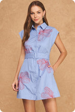Load image into Gallery viewer, Chambray/Red Embroidered Belted Dress