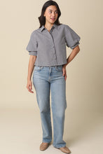Load image into Gallery viewer, Black/White Gingham Button Puff Slv Top