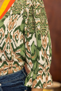 Lt. Olive Printed Stripe Placket V-Neck Top