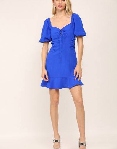 Neon Blue Bubble Slv Ruffle Hem Dress