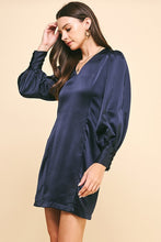 Load image into Gallery viewer, Navy Satin LS V-Neck Mini Dress