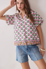 Load image into Gallery viewer, Pink Floral Print Bubble Slv Split Neck Top