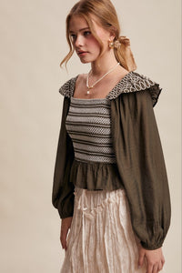 Olive Contrast Stitch Smocked LS Top