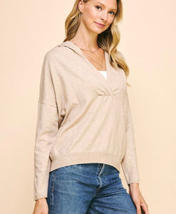 Oatmeal V-Neck Hooded Sweater Top