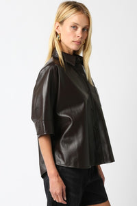 Brown Leather SS Button Down Top