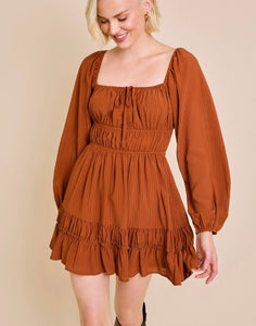 Rust Puff LS Tiered Mini Dress