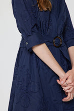Load image into Gallery viewer, Navy Eyelet Roll-Up Slv Dress w/ Belt