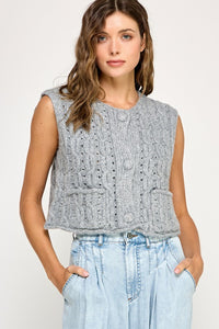 gray cable sweater vest button up