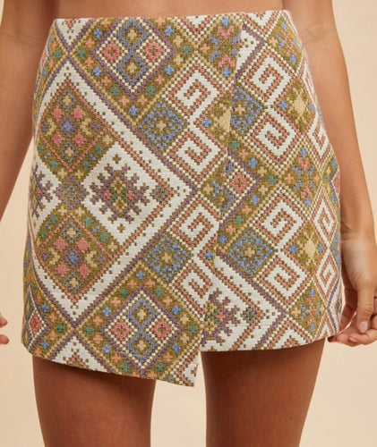 Green Multi Woven Jacquard Wrap Mini Skirt