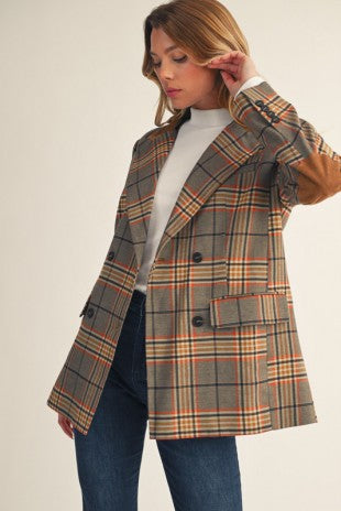 Elbow Suede Detail Plaid Blazer