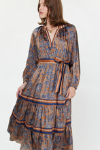 Load image into Gallery viewer, Dark Brown/Navy Printed LS Tie Waist Dress