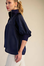 Load image into Gallery viewer, Navy Satin Zipper Puff Slv Blouse