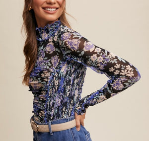 Black Smocked Ruched Floral Mesh Top