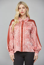 Load image into Gallery viewer, Ivory/Maroon Animal Print LS Satin Blouse