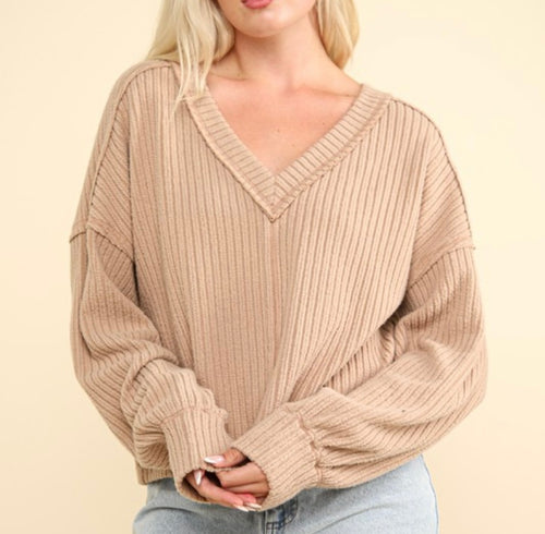 Mocha Soft V-Neck Ls Knit Top