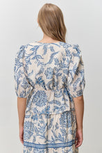 Load image into Gallery viewer, Blue Paisley Printed V-Neck Tie Frnt Peplum Top