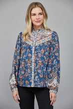 Load image into Gallery viewer, Teal Blue Multi Print Ruffled Neck Button Down Blouse