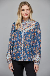Teal Blue Multi Print Ruffled Neck Button Down Blouse