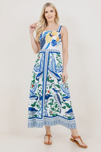 Blue Printed Slvls Square Neck Maxi Dress