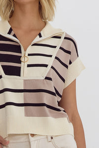 Cream Multi Colorblock Striped SS Top w/ Zipper