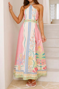 Pink Printed Slvls Halter Neck Midi Dress