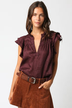 Load image into Gallery viewer, Maroon Linen Split Neck Ruffle Slv Top