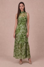 Load image into Gallery viewer, Green Printed Organza Halter Maxi Dress