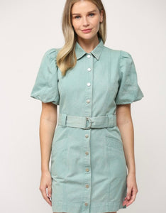 Mint Denim Button Puff Slv Dress