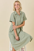 Load image into Gallery viewer, Washed Olive Button Collar Midi Shirt Dress