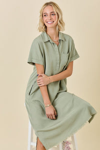 Washed Olive Button Collar Midi Shirt Dress