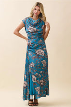 Load image into Gallery viewer, Blue Printed Satin Draped Cowl Neck Ruched Dress