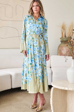 Load image into Gallery viewer, Light Olive/Blue Floral Pleated Collared Midi Dress