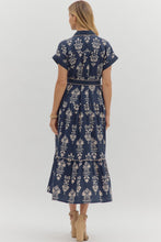 Load image into Gallery viewer, Navy Printed Button Down Tie Waist Dress