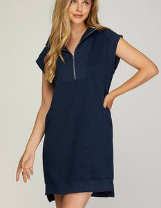 Navy Textured Half Zip Dress