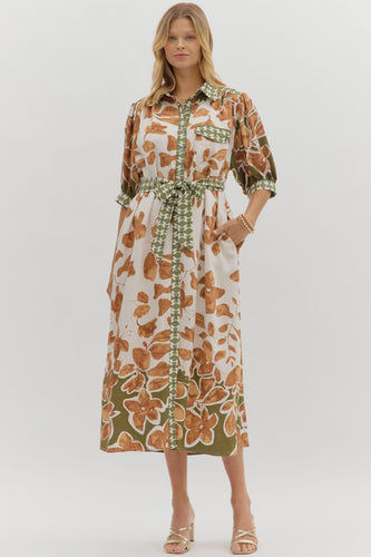Camel/Green Button Front SS Maxi Dress