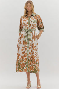 Camel/Green Button Front SS Maxi Dress