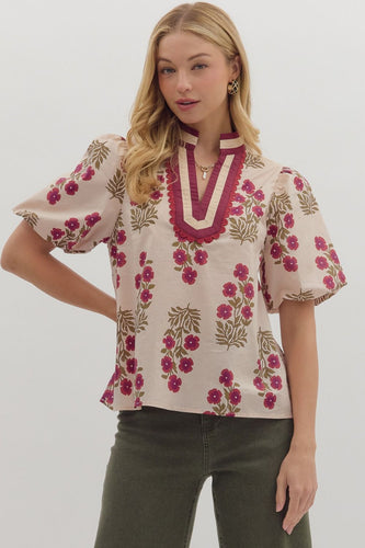 Ecru/Maroon Floral Puff Slv Top