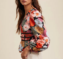 Load image into Gallery viewer, Black Floral V-Neck Contrast Blouse