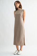 Load image into Gallery viewer, Taupe Satin Rib Neck Midi Dress