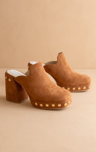 Camel Suede Studded Clog Mules