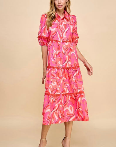 Pink Printed Button Down Midi Dress