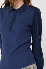 Load image into Gallery viewer, Navy Mixed Media Polo Knit LS Top