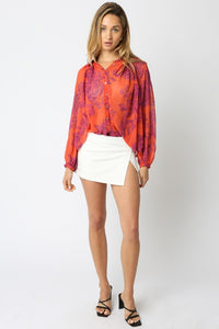 Orange Magenta Floral LS Button Down Blouse