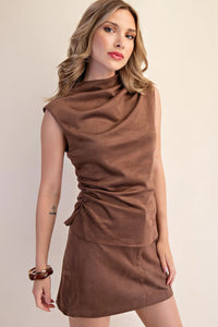 Chocolate Suede Mock Neck Asymmetric Hem Top
