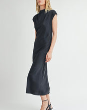 Load image into Gallery viewer, Black Satin Mock Neck Shirring Long Dress