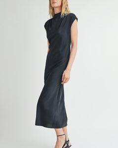 Black Satin Mock Neck Shirring Long Dress